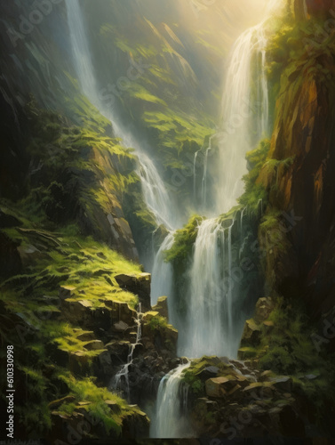 A shimmering waterfall cascading down the side of a lush mountain the droplets of Fantasy art concept. AI generation