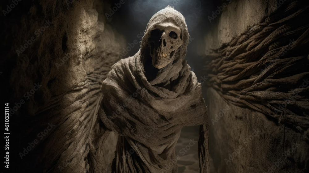 An undead mummy with its bandages still clinging to its ancient form advancing menacingly Fantasy art concept. AI generation An undead mummy with its bandages still clinging to its ancient form advancing menacingly Fantasy art concept. AI generation