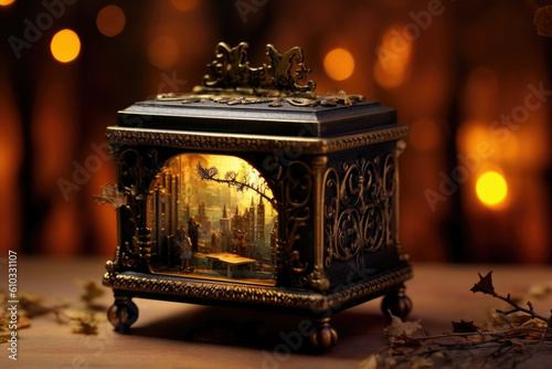 An enchanted ballad playing from an old music box the melody ringing with haunting Fantasy art concept. AI generation