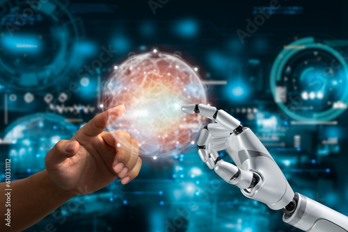 Hands of robot and human touching network connection big data innovation and futuristic on the hologram screen. artificial intelligence AI, Machine learning digital technology,