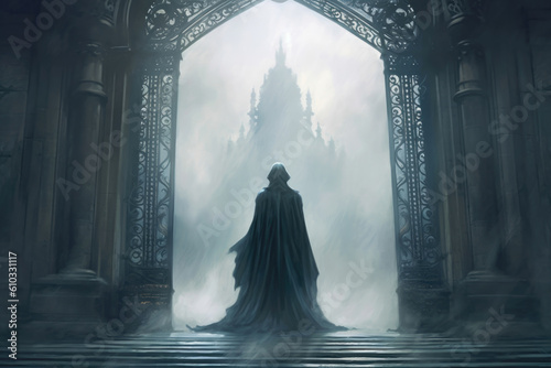 A figure cloaked in shadows stands in front of immense iron gates a veil of fog billowing Fantasy art concept. AI generation