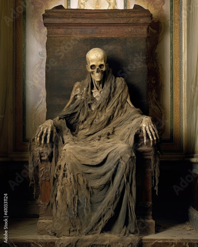 A mummified figure with cracked driedout skin standing atop an ornate throne its eyes Fantasy art concept. AI generation