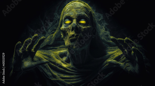 A zombified mummy with glowing yellow eyes in a large darkened chamber its body tombtattered Fantasy art concept. AI generation