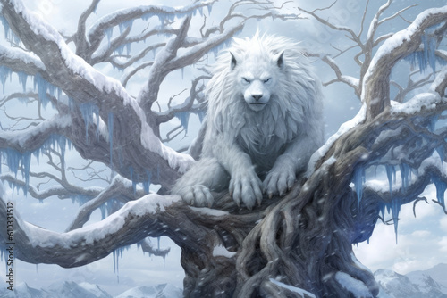 An enormous white furred creature with piercing blue eyes perched atop an ancient Fantasy art concept. AI generation © Justlight