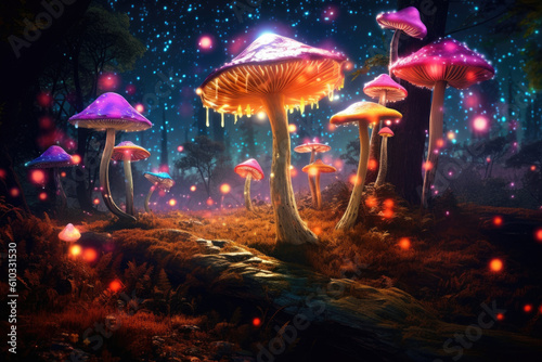 A surreal forest of giant colorful mushrooms speckled with thousands of fireflies Fantasy art concept. AI generation © Justlight