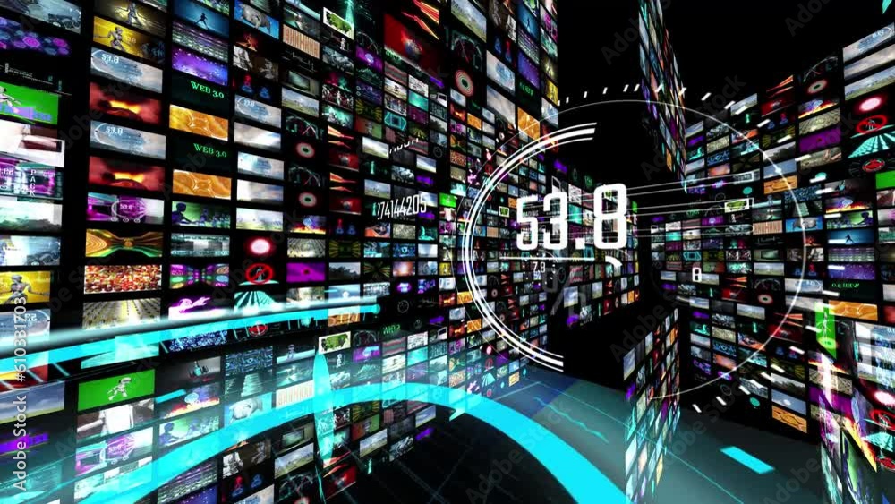 Hud interface graphic with motion animation of video wall like montage of futuristic theme. Collage with overlays