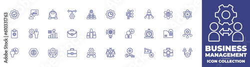 Business management line icon collection. Editable stroke. Vector illustration. Containing gear, salesman, collaboration, decision making, team, time management, hr manager, management, and more.