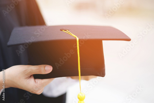 graduation, close up student hats in during commencement success graduates of the university, Concept education congratulation. copy space banner.