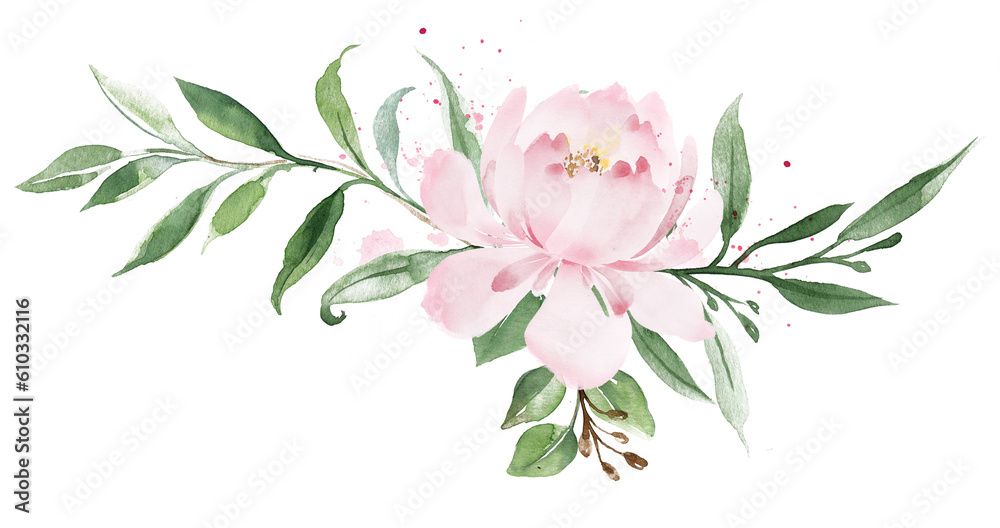 Cute floral arrangement, delicate peony and leaves.