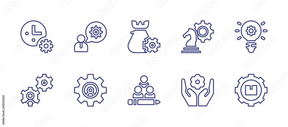 Business management line icon set. Editable stroke. Vector illustration. Containing time, manager, money management, setting, innovation, settings, management, content management, responsibility.