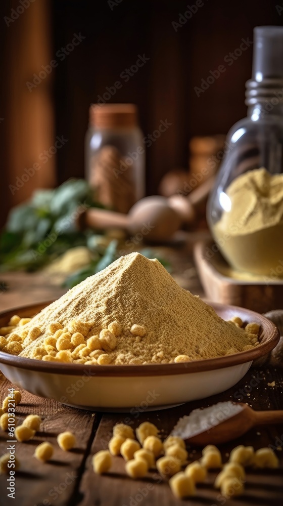 pile of chickpea flour on a rustic wooden table with a vintage sieve and some chickpeas scattered around