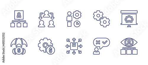 Business management line icon set. Editable stroke. Vector illustration. Containing flowchart, team management, management, team work, presentation, investment insurance, setting, delivery, candidate.