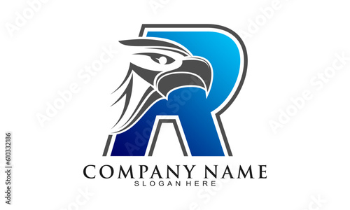 Letter R alphabet and eagle symbol vector logo