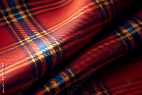 Close up of a checkered plaid fabric. Tartan fabric macro shot. Ai generated.