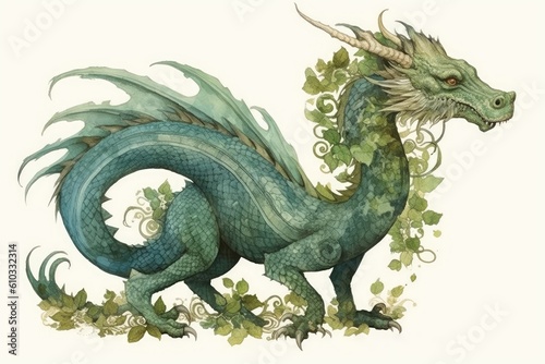 A watercolor print featuring an Asian inspired green dragon  adorned with intricate patterns and delicate brushstrokes