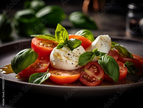tomato, mozzarella, and basil caprese salad on a plate