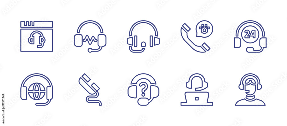 Call center line icon set. Editable stroke. Vector illustration. Containing customer service, headphone, phone call, hours, international call, telephone, call center agent.