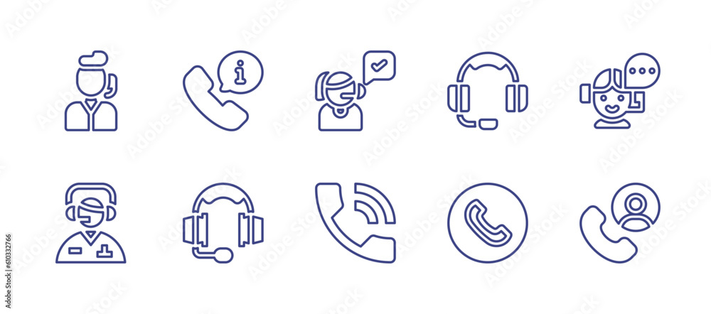Call center line icon set. Editable stroke. Vector illustration. Containing call center, information, solution, headset, operator, headphones, call, phone call.