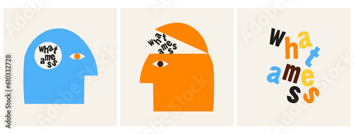 Simple Abstract Vector Art with Orange and Blue Human Heads and Colorful "What a Mess" isoalted on a Beige Background. Trendy Minimalist Design ideal for Poster, Wall Art, T-shirt Print. RGB Colors.