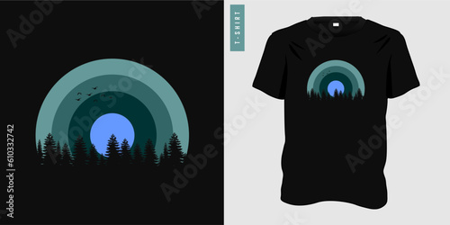 Summer t-shirt design graphic with night sky and forest silhouette. Summer time themed clothing template vector illustration, tee, t-shirt print.