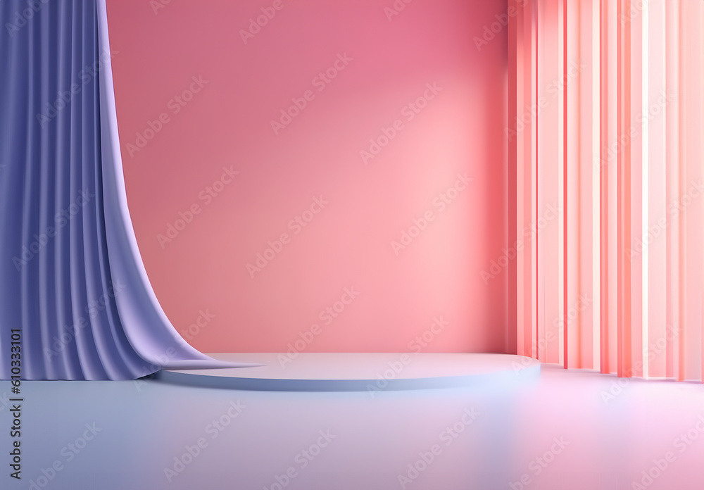 Abstract minimal concept. Pastel multi colour background wall with natural shadow and podium, abstract geometric. Mock up template for product presentation. 3D rendering. copy text space	
