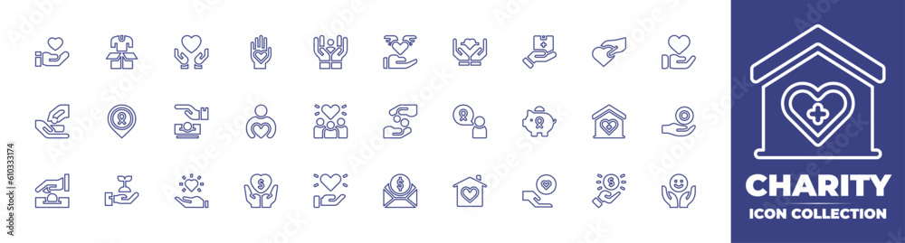 Charity line icon collection. Editable stroke. Vector illustration. Containing charity, love, selfcare, care, heart, hand, donation, healthy, piggy bank, house, zakat, subsidy, happiness, and more.
