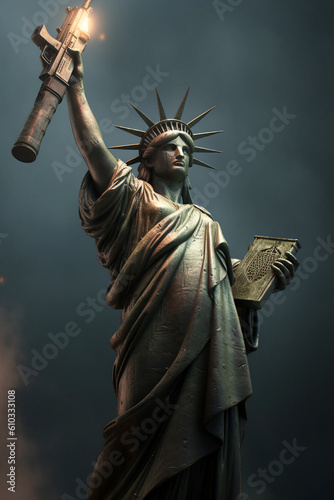 Statue of Liberty holding a machine gun instead of the torch on dark background. Gun violence firearm control constitutional rights concept. AI generated