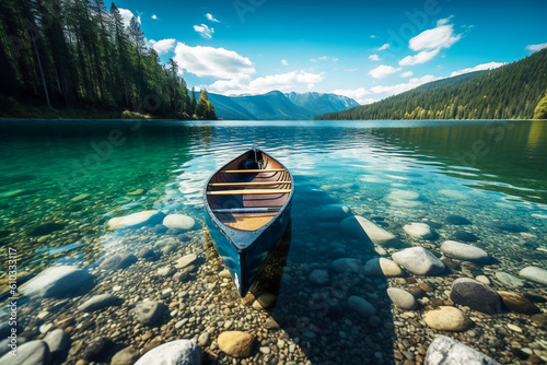 Beautiful nature scenery with a canoe boat on a crystal clear lake with pebbles mountains green trees and blue sky. Pristine wilderness serenity adventure wanderlust concept