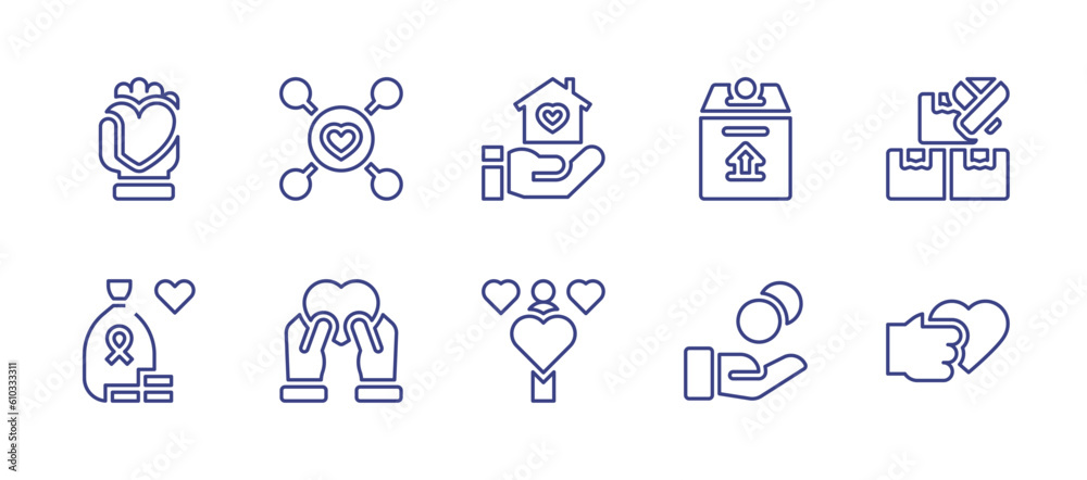 Charity line icon set. Editable stroke. Vector illustration. Containing love, network, shelter, money box, boxes, donation, give, volunteering, alms.