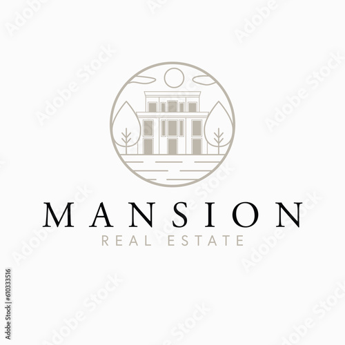 Mansion real estate vector logo design. Modern house and trees abstract logotype. Real estate company logo template.