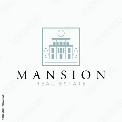 Mansion real estate vector logo design. Modern house and trees abstract logotype. Real estate company logo template.