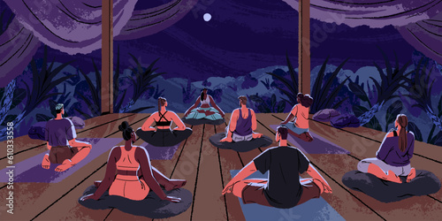 Night retreat and meditation in nature. Wellness vipassana group during relaxation, yoga. People meditating, sitting in asanas on summer holiday, vacation. Peaceful weekend. Flat vector illustration photo