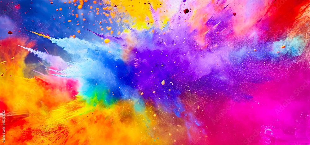 Flying colorful paint for holi festival, idea for background or banner, AI generated