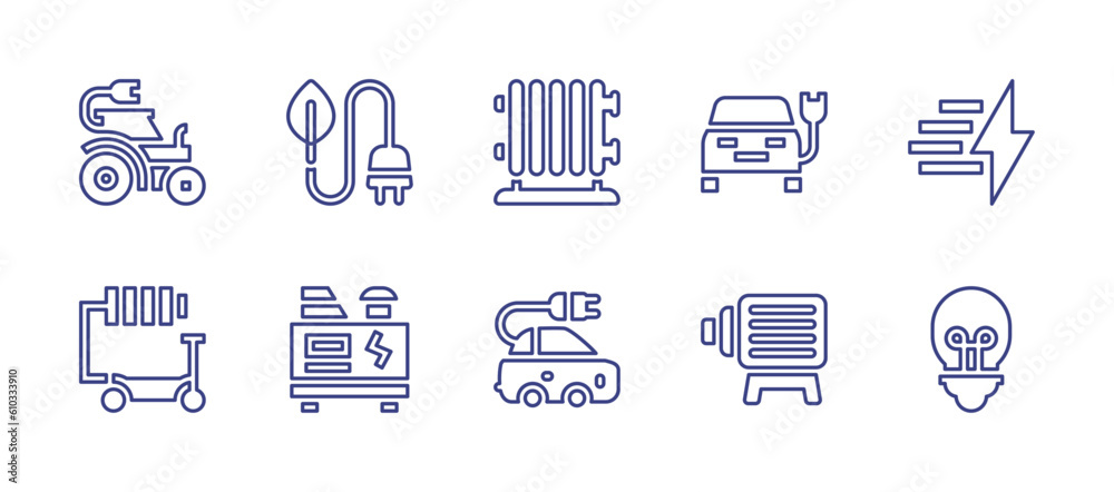 Electricity line icon set. Editable stroke. Vector illustration. Containing tractor, renewable energy, electric heater, electric car, lightning, electric scooter, electric generator, electric motor, l