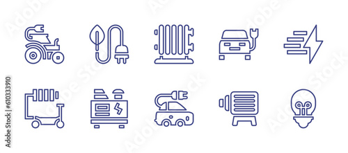 Electricity line icon set. Editable stroke. Vector illustration. Containing tractor, renewable energy, electric heater, electric car, lightning, electric scooter, electric generator, electric motor, l