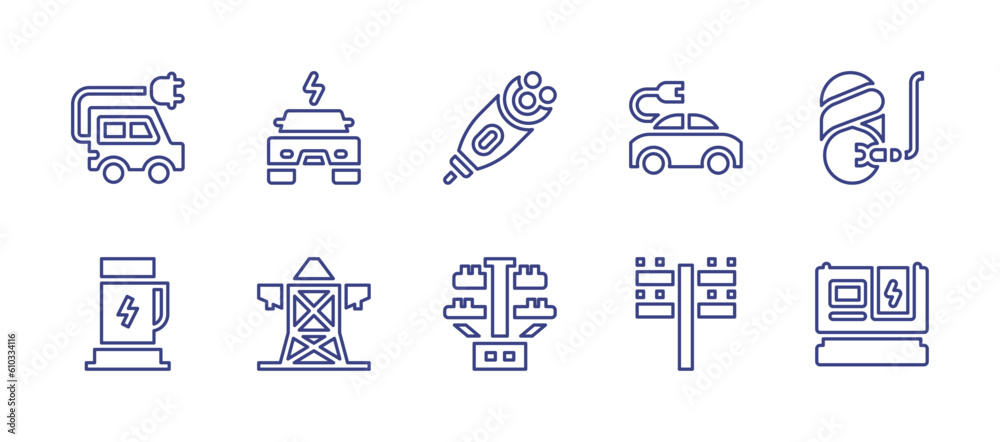 Electricity line icon set. Editable stroke. Vector illustration. Containing electric car, electric shaver, microcurrents, electric charge, electric tower, electric pole, electric generator.
