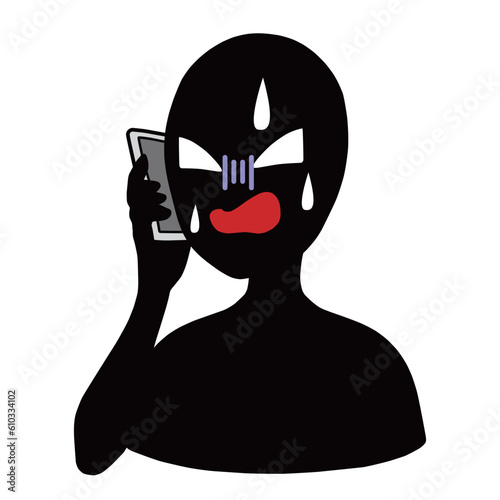 慌てるスマホを持つ悪人イメージのシルエットの人物のイラスト素材