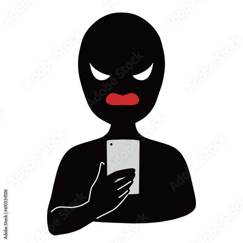 スマホを持つ悪人イメージのシルエットの人物のイラスト素材