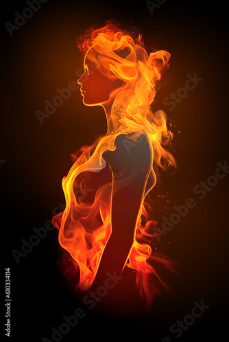 Beautiful young woman silhouette with flames and fire at the black background. AI generative illustration