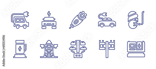 Electricity line icon set. Editable stroke. Vector illustration. Containing electric car, electric shaver, microcurrents, electric charge, electric tower, electric pole, electric generator.
