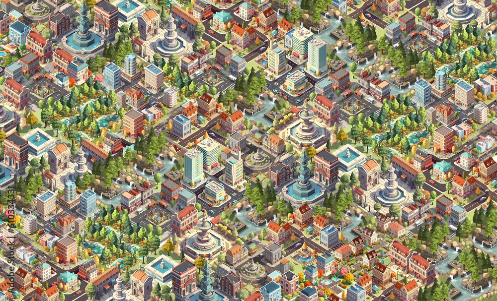 Naklejka premium Big city isometric view with parks, roads, government and apartments buildings, town squares and industrial zones. Illustration made with AI generative