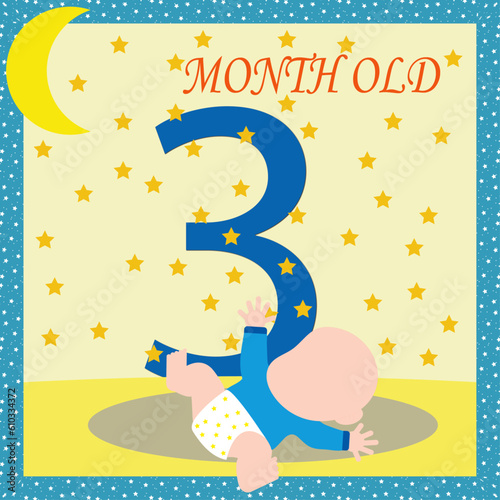 Baby month card, milestone baby card, cute baby, three month old, baby boy