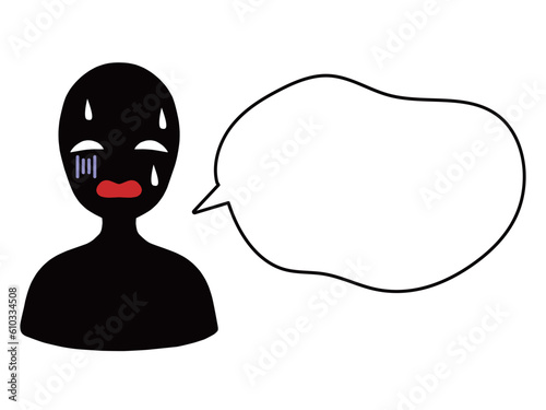 困惑する悪人イメージのシルエットの人物のイラストと吹き出しの素材