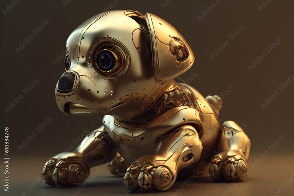 Cyborg futuristic animal toy. Technological robotic puppy gadget. White happy little dog robot pet. Futuristic pet assistant powered by artificial intelligence. Innovation high tech. Generative AI Cyborg futuristic animal toy. Technological robotic puppy gadget. White happy little dog robot pet. Futuristic pet assistant powered by artificial intelligence. Innovation high tech. Generative AI