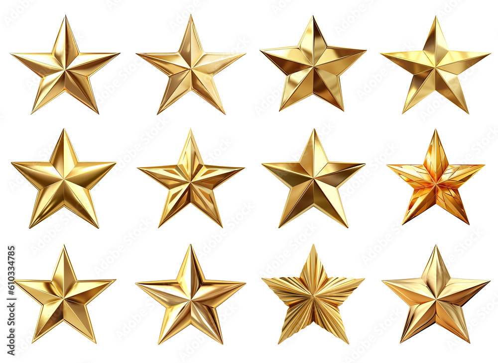 Set of 12 golden stars isolated on transparent background, Generative AI Set of 12 golden stars isolated on transparent background, Generative AI
