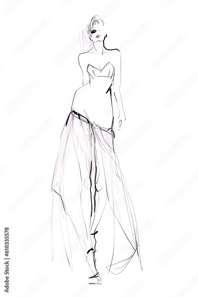 Young woman model in dress. Fashion illustration, sketch. Vector Young woman model in dress. Fashion illustration, sketch. Vector