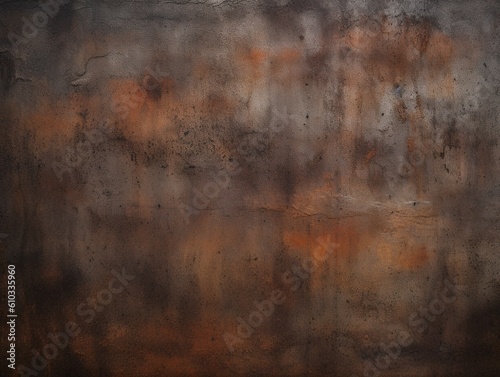 Apokalyptische   sthetik  Rostige  verwitterte Metallwand in Farbe  dargestellt in dunklem Bronze und Orange  unterstrichen von postapokalyptischen Kulissen und nebliger Atmosph  re  Generative AI
