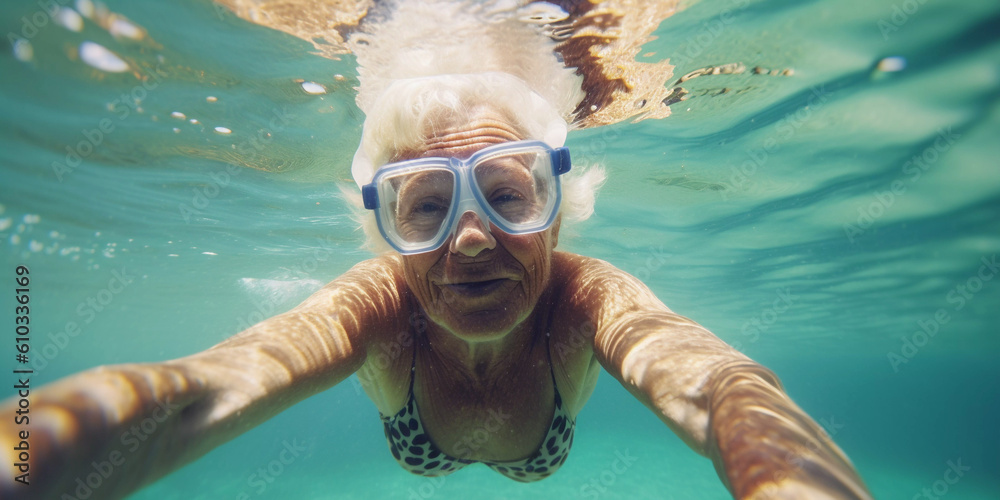Fototapeta premium Senior elderly woman swimming in the ocean on snorkel holiday vacation, Close up portrait, Generative AI