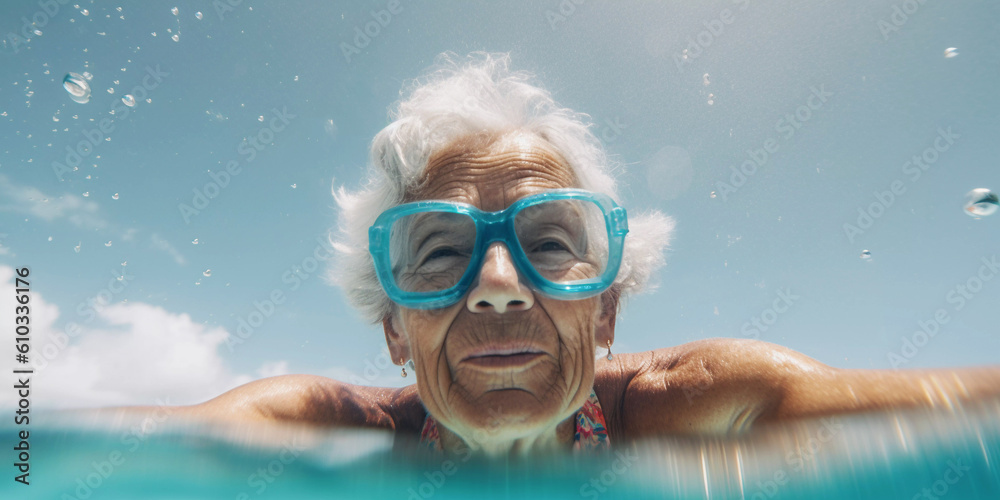 Fototapeta premium Senior elderly woman swimming in the ocean on snorkel holiday vacation, Close up portrait, Generative AI