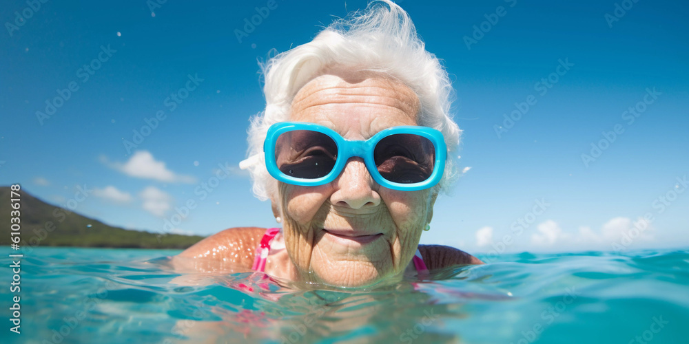 Senior elderly woman wearing blue sunglasses and swimming in the ocean on snorkel holiday vacation, Close up portrait, Generative AI